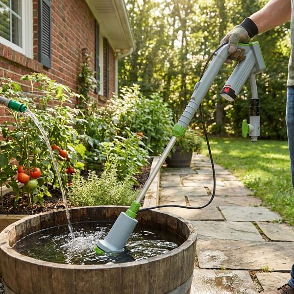 Mobile Akku-Tauchpumpe für Regentonnen: Bequeme Gartenbewässerung ohne Stromanschluss, kraftvoll, leicht & vielseitig einsetzbar, für jeden Garten
