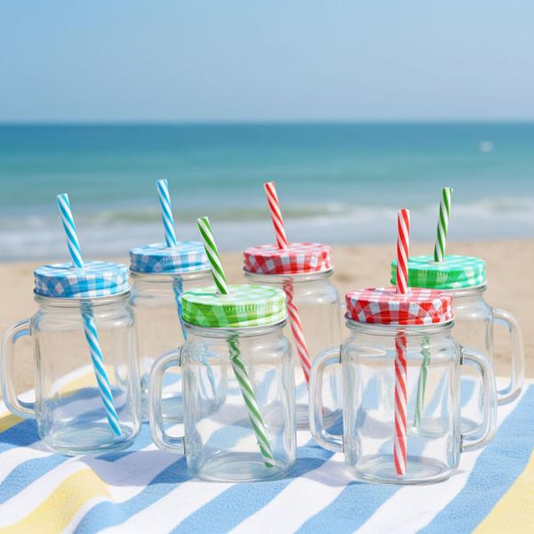 Retro-Trinkgläser mit buntem Deckel, Henkel und Trinkhalm: Ein 6er-Set für Limonade, Eistee, Cocktails & Smoothies – Vintage-Style