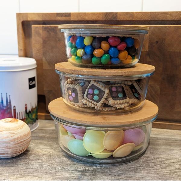 2er-Set Hochwertige Vorratsdosen mit Deckel, rund, Glas/Bambus, 3 Grössen: Vorratsgläser für Aromaschutz & eine stilvolle Ordnung