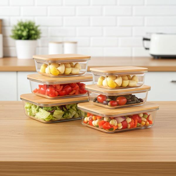 6er-Set Hochwertige Vorratsdosen mit Deckel, rechteckig, Glas/Bambus, 3 Grössen: Vorratsgläser für Aromaschutz & eine stilvolle Ordnung