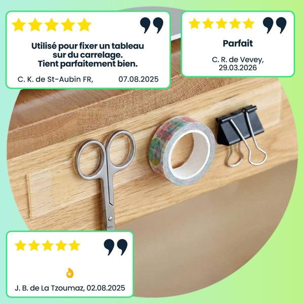 2 rubans adhésifs double face transparents (5 m x 30 mm): nano tape, adhérence de 110 g/m², réutilisables, sans traces