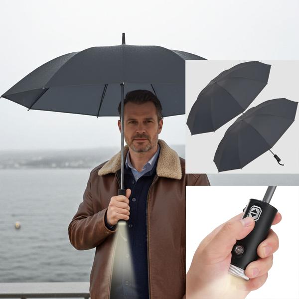 2er-Set Faltbarer Regenschirm mit LED-Taschenlampe, Ø105 cm, schwarz: Ein perfekter Allwetter-Begleiter für Dunkelheit & Regenschauer