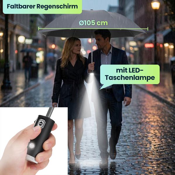 2er-Set Faltbarer Regenschirm mit LED-Taschenlampe, Ø105 cm, anthrazit: Ein perfekter Allwetter-Begleiter für Dunkelheit & Regenschauer