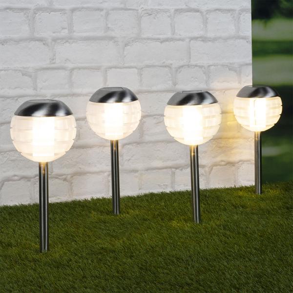 Elegante set di 4 luci LED a globo con picchetto a terra: illuminazione suggestiva per il giardino, robusta, durevole e facile da installare per sentieri, aiuole e patii