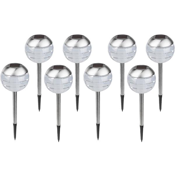 Set élégant de 8 lampes boules LED avec piquet de terre : éclairage d‘ambiance pour le jardin, robuste, durable & facile à installer pour les allées, les parterres & la terrasse