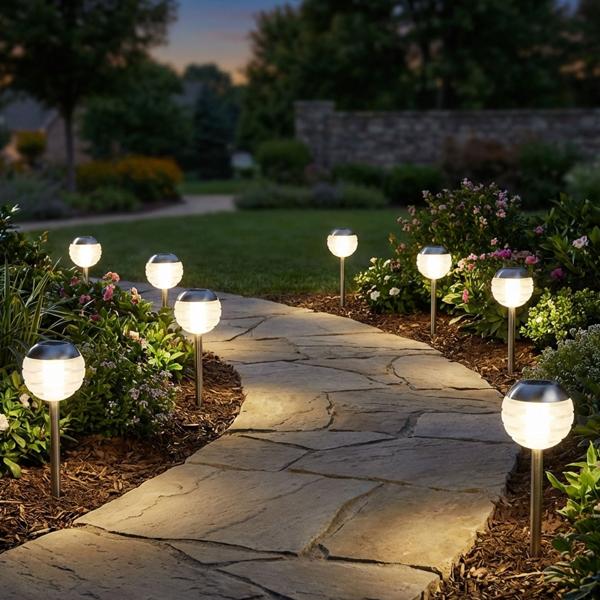 Set 8 Lampes Boules LED - Éclairage Jardin, Terrasse, Balcon - Solaire avec Piquet de Terre, Ø12.5x39.5cm, Acier Inox/Plastique - 122 caractères