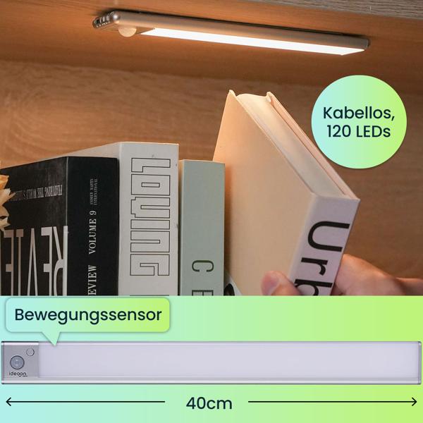 4er-Set Flache Akku LED-Lichtleiste, 40cm mit Bewegungssensor, 120 LEDs: Kabellos, hell & energiesparend – Perfekt für Schrank, Flur & Küche