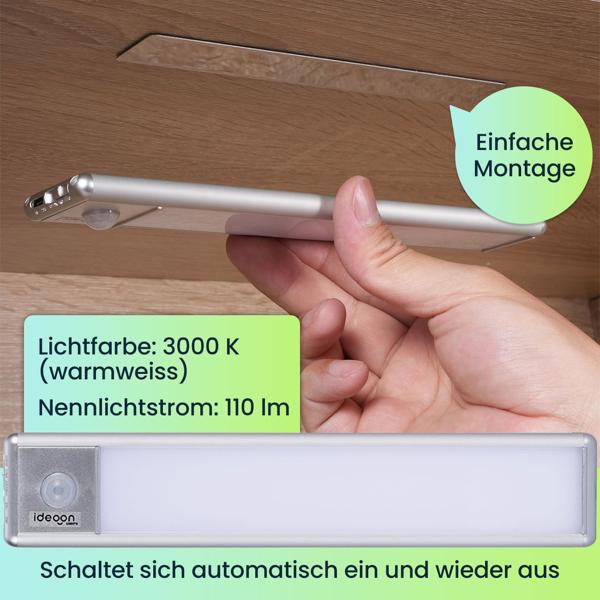 2er-Set Flache Akku LED-Lichtleiste, 20,5cm mit Bewegungssensor: Kabellos, hell & energiesparend – Perfekt für Schrank, Flur & Küche