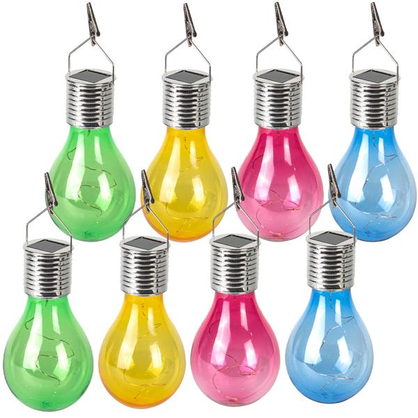 Lampada LED solare a forma di lampadina, set da 8, colorata, Ø 7,5 x H 15 cm, lampadina decorativa con catena luminosa a filo per eleganti effetti luminosi, luci per feste