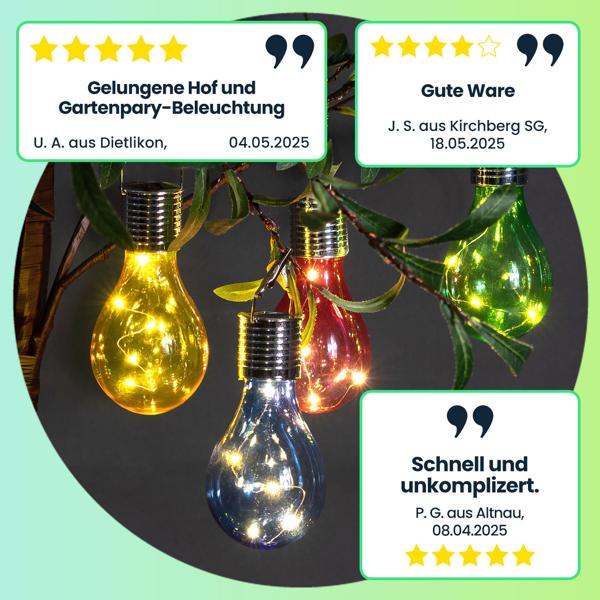 Solar LED Lampe in Glühbirnen Form, 8er-Set, bunt, Ø 7,5 x H 15 cm, Deko Glühbirne mit Drahtlichterkette für edle Lichteffekte, Partyleuchten
