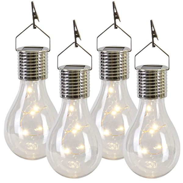 Lampe LED solaire en forme d‘ampoule, set de 4, blanc chaud, Ø 7,5 x H 15 cm, ampoule décorative avec guirlande lumineuse en fil métallique