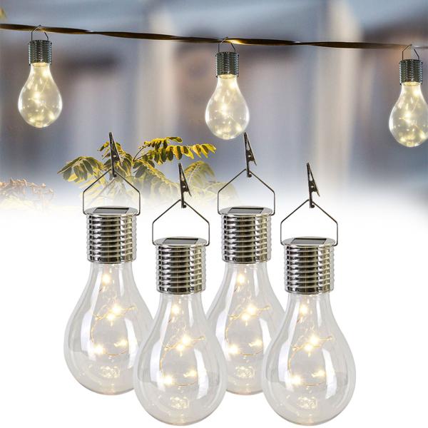 Lampe LED solaire en forme d‘ampoule, set de 4, blanc chaud, Ø 7,5 x H 15 cm, ampoule décorative avec guirlande lumineuse en fil métallique