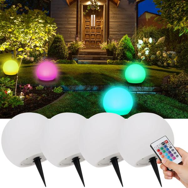 4er-Set Solar-LED-Leuchtkugel, Ø 30cm, RGBW mit Fernbedienung, 60 Lu, IP67. Farbwechsel-Lichtkugel für Garten & Terrasse, wetterfest & kabellos