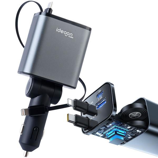 Chargeur auto 4 en 1, 69 W – chargeur allume-cigare avec câbles USB-C et Lightning rétractables – Power Delivery 3.0, 2 ports