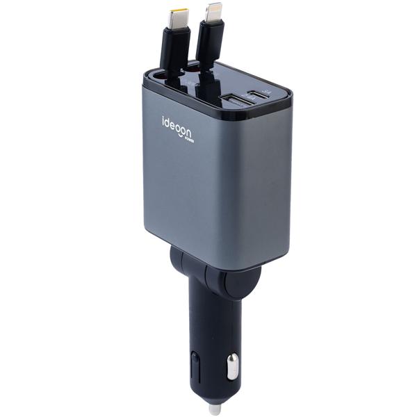 Chargeur auto 4 en 1, 69 W – chargeur allume-cigare avec câbles USB-C et Lightning rétractables – Power Delivery 3.0, 2 ports