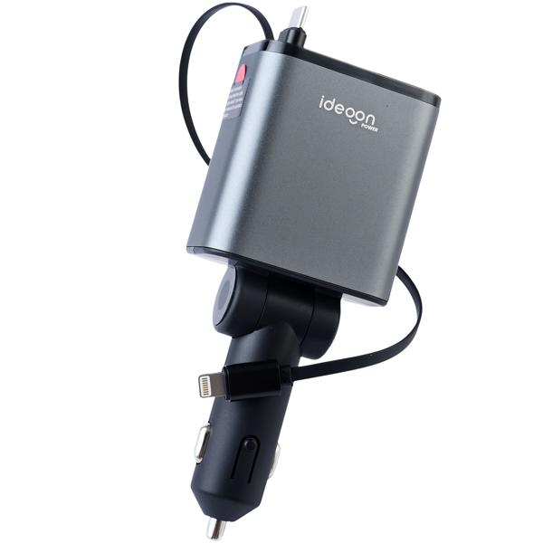 Chargeur auto 4 en 1, 69 W – chargeur allume-cigare avec câbles USB-C et Lightning rétractables – Power Delivery 3.0, 2 ports