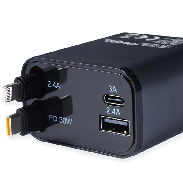 Chargeur auto 4 en 1, 69 W – chargeur allume-cigare avec câbles USB-C et Lightning rétractables – Power Delivery 3.0, 2 ports