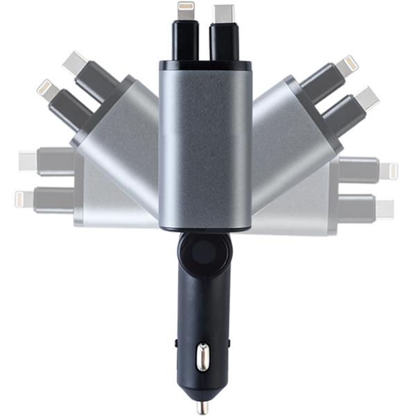 Chargeur auto 4 en 1, 69 W – chargeur allume-cigare avec câbles USB-C et Lightning rétractables – Power Delivery 3.0, 2 ports