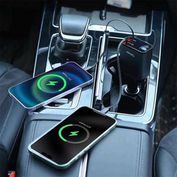 Chargeur auto 4 en 1, 69 W – chargeur allume-cigare avec câbles USB-C et Lightning rétractables – Power Delivery 3.0, 2 ports
