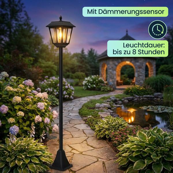 Hochleistungs Solar-LED-Gartenlaterne mit Dämmerungssensor - wetterfest IP44. Für stimmungsvolle Momente im Garten und auf der Terrasse