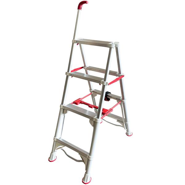 Robuste 4-stufige Teleskop-Doppeltrittleiter: Eine stabile Stehleiter klappbar für Profis & Heimwerker, Haushaltsleiter bis 4 Stufen