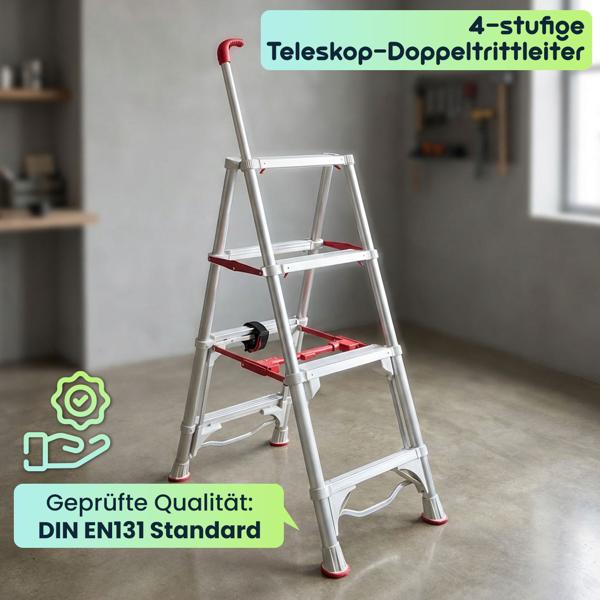 Robuste 4-stufige Teleskop-Doppeltrittleiter: Eine stabile Stehleiter klappbar für Profis & Heimwerker, Haushaltsleiter bis 4 Stufen