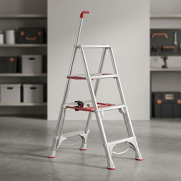 Robuste 4-stufige Teleskop-Doppeltrittleiter: Eine stabile Stehleiter klappbar für Profis & Heimwerker, Haushaltsleiter bis 4 Stufen