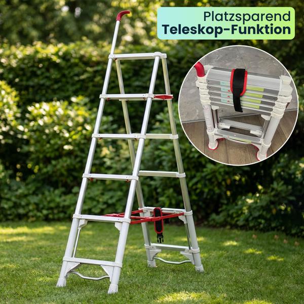 Robuste 6-stufige Teleskop-Doppeltrittleiter: Eine stabile Stehleiter klappbar für Profis & Heimwerker, Haushaltsleiter bis 6 Stufen
