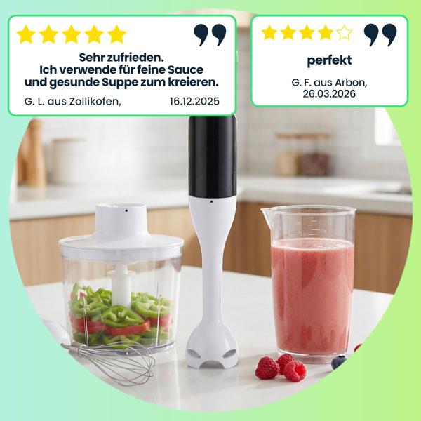 Power Stabmixer-Set 400W mit Zerkleinerer & Schneebesen – 4-in-1 Pürierstab-Set für Suppen & Smoothies, inkl. Messbecher