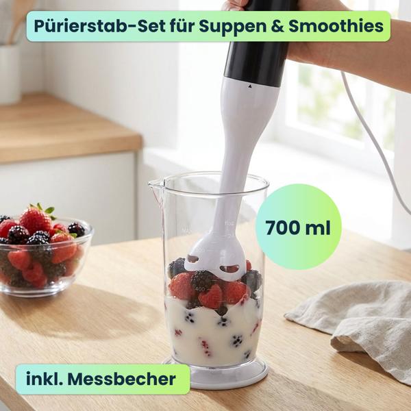 Power Stabmixer-Set 400W mit Zerkleinerer & Schneebesen – 4-in-1 Pürierstab-Set für Suppen & Smoothies, inkl. Messbecher
