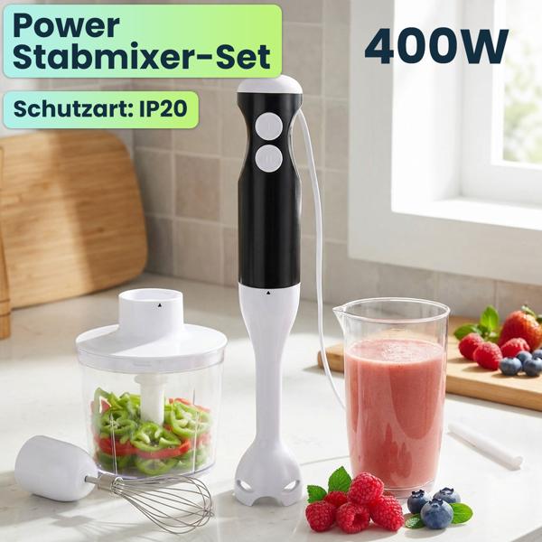 Power Stabmixer-Set 400W mit Zerkleinerer & Schneebesen – 4-in-1 Pürierstab-Set für Suppen & Smoothies, inkl. Messbecher