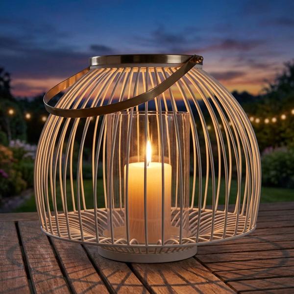Photophore Métal & Verre avec Anse - Ambiance Cosy pour Intérieur/Extérieur - Blanc-Doré 28x23cm - Déco Jardin Balcon Terrasse