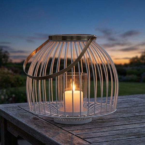 Photophore Métal & Verre avec Anse - Ambiance Cosy pour Intérieur/Extérieur - Blanc-Doré 28x23cm - Déco Jardin Balcon Terrasse
