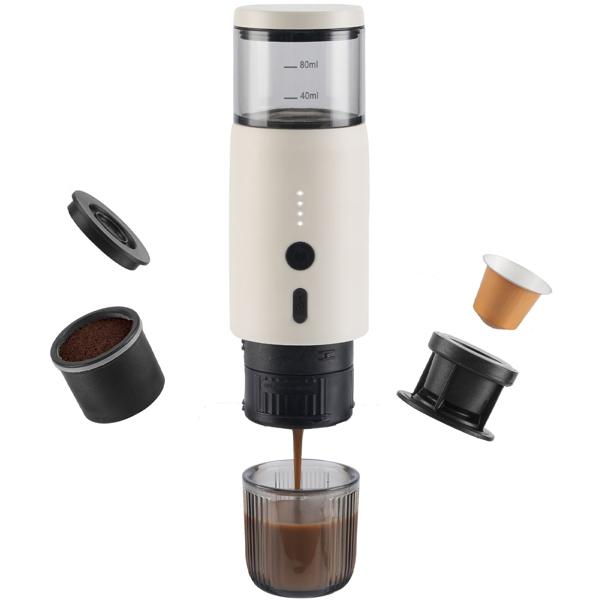 Machine à espresso portable pour capsule & poudre, 15 bar, blanche : un espresso parfait en déplacement, pour les voyages, le camping & le bureau