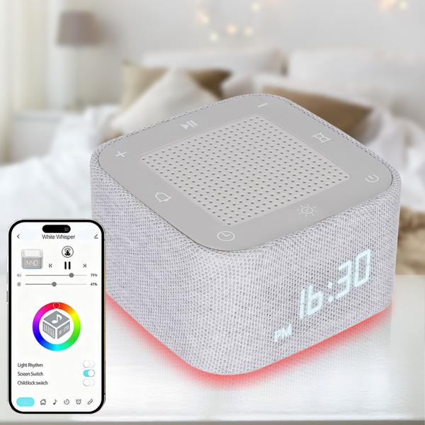 White Noise Wecker mit 32 Geräuschen – Bluetooth Lautsprecher & App-Steuerung, RGB Nachtlicht dimmbar, perfekter Schlaf/Entspannung