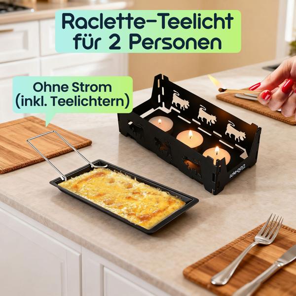 Faltbares Raclette-Teelicht für 1 -2 Personen, Raclette Set ohne Strom inkl. Teelichtern und Schaber, Metall mit originell ausgestanzten Kühen, antihaftbeschichtet