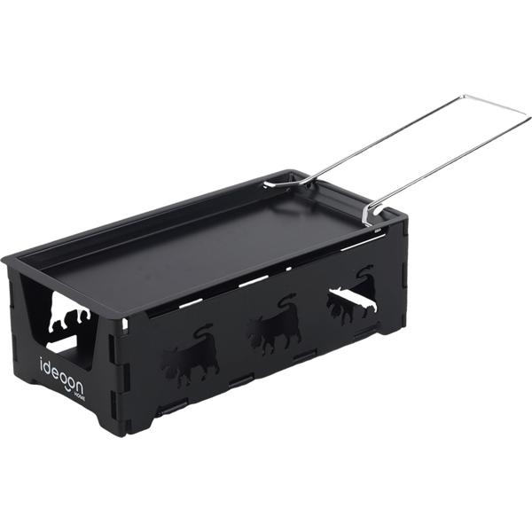 Faltbares Raclette-Teelicht für 1 -2 Personen, Raclette Set ohne Strom inkl. Teelichtern und Schaber, Metall mit originell ausgestanzten Kühen, antihaftbeschichtet