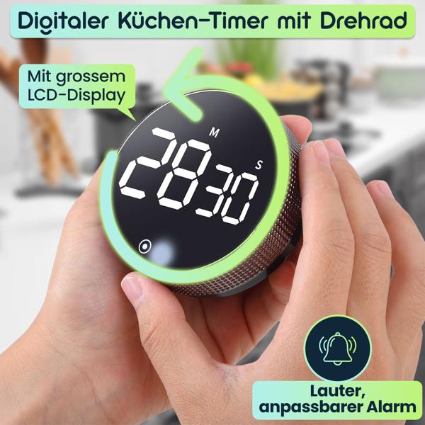 Digitaler Küchen-Timer mit Drehrad - Praktische Eieruhr mit Magnet, lautem Alarm, Countdown-Funktion & grossem LCD-Display