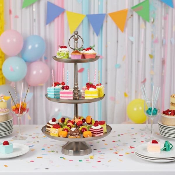 Hochwertige 3-Etagen Etagere in Silber, vielseitig einsetzbar als Küchenständer, Obstschale & Deko für Zuhause