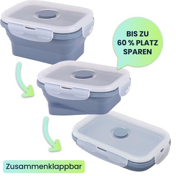 4er-Set Silikon-Frischhaltedosen - Zusammenklappbare & faltbare Lunchbox, Bento Box, BPA-frei, mikrowellengeeignet, mit Clip-Verschluss Deckeln