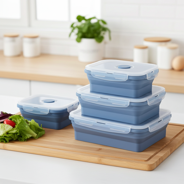 4er-Set Silikon-Frischhaltedosen - Zusammenklappbare & faltbare Lunchbox, Bento Box, BPA-frei, mikrowellengeeignet, mit Clip-Verschluss Deckeln