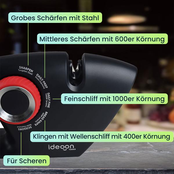 Messerschärfer 5-in-1 für glatte & gezahnte Klingen - Scherenschärfer mit Einstellrad, Multischärfer zum schleifen von Messern und Scheren