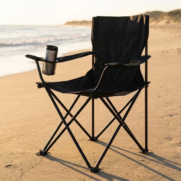 Chaise pliante de camping noire – accoudoirs et porte-boisson – compacte, robuste, confortable – idéale pour le plein air
