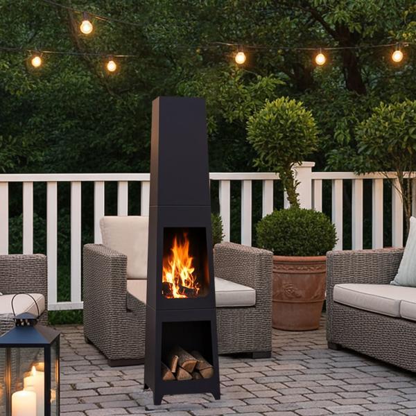 Edler Gartenkamin in schwarz: Robuster Terrassenofen, modern & wärmespendend – für gemütliche Abende & stilvolle Outdoor-Atmosphäre