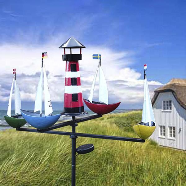 Carrousel Bateaux Éolien Solaire LED - Décoration Jardin Maritime Phare - Métal Robuste 175cm - Capteur Crépusculaire Batterie Inclus