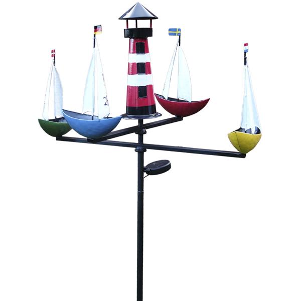 Carrousel Bateaux Éolien Solaire LED - Décoration Jardin Maritime Phare - Métal Robuste 175cm - Capteur Crépusculaire Batterie Inclus
