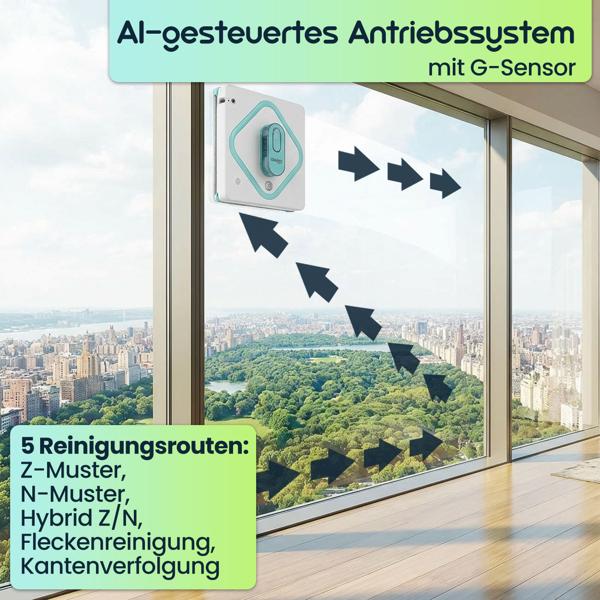 Smarter AI Fensterputzroboter: 3000Pa Glasreinigungsroboter mit App-Steuerung, Fernbedienung, Sicherungsseil für streifenfreie saubere Fenster