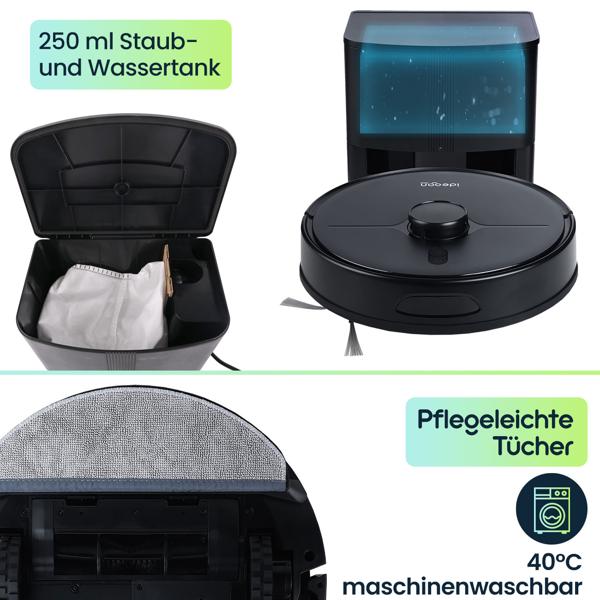 Ultimativer Saug-Wisch-Roboter 6000 Pa mit 2-in-1 Wischfunktion, schwarz - Li-Ionen-Akku, Laser-Navigation - Smart-Home WLAN Saugwischer 
