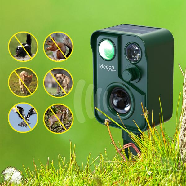 Scaccia animali a ultrasuoni con sensore PIR e luce LED lampeggiante - 13,5-45,5 kHz, affidabile dissuasore solare contro martore, cani, gatti e uccelli