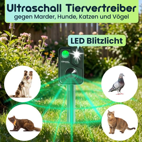 Ultraschall Tiervertreiber mit PIR-Sensor & LED Blitzlicht - 13,5-45,5 Hz, Zuverlässiger Solar-Tierschreck gegen Marder, Hunde und Katzen, Vögel